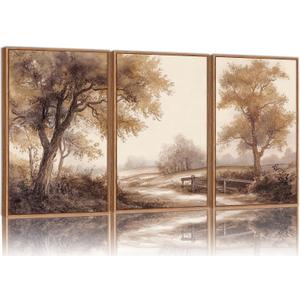 Rantodecor Vintage Landscape Framed Canvas Wall Art Triptych, Rustic Tree Sketch Wall Decor, Large Claming Nature Forest Art Paintings, Modern Relax Farmhouse Artwork for Bedroom Living Room 16"x24"x3, 24"x16"