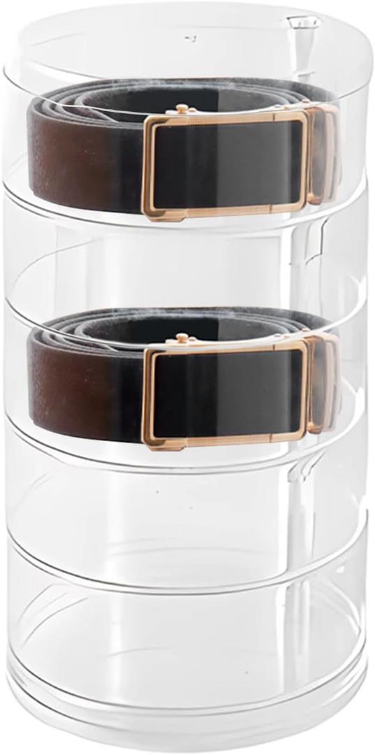 5 Layers Belt Case Storage Holder, Clear Round Rotatable Acrylic Storage Organizer for Display Slim and Narrow Women's Belts, Watch, Jewelry, Ring, 3.7'' in Diameter, 1.38'' Layer Height