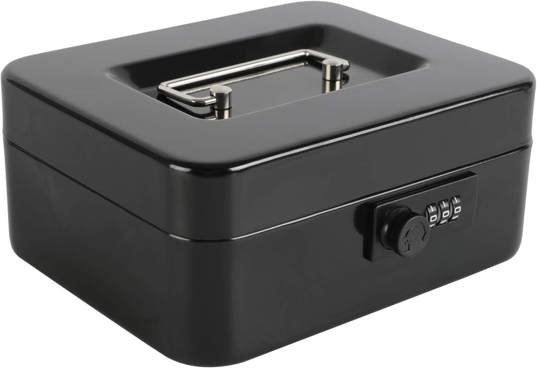 Cash Box with Combination Lock, Metal Money Box for Cash, Lovndi Lock Box with Money Tray, 9.84x 7.87x 3.54 Inches, Black 4 Pack