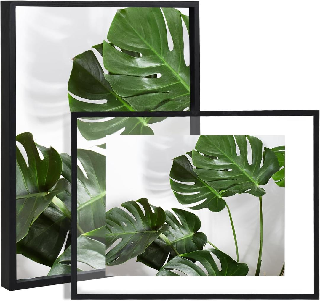 Fixwal 11x14 Set of 2 Black Floating Frames, Double Glass Picture Frame for Photos 11 x 14 or Smaller, Made of Solid Wood Frame, Glass Display Design, Desktop or Wall Display