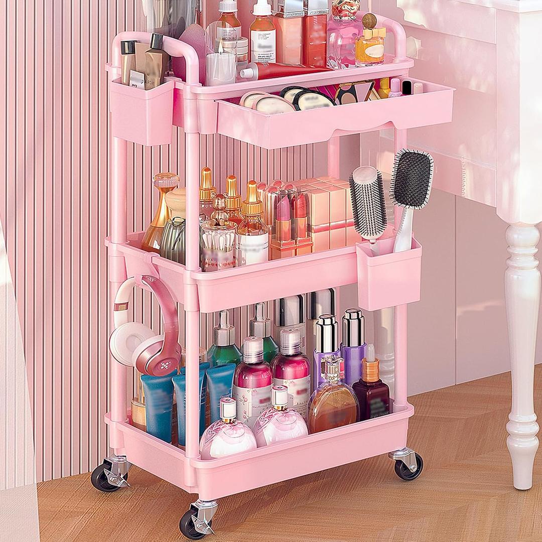 Goovilla Rolling Makeup Organizer Cart with Removable Drawer, 3 Tier Stable Pink Floor Skincare Storage Cart for Vanity, Cosmetic Display, Nail Polish, Perfume, Hair Stuff, Beauty, Bathroom(Plastic)