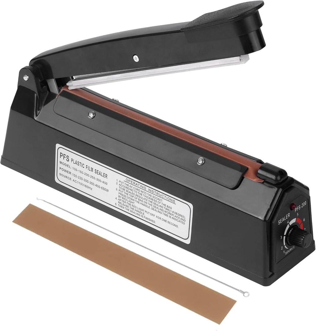 8inch Impulse Heat Sealer,Manual Poly Bag Heat Sealer Sealing Machine Heat Seal Closer for Plastic Bags PE PP Bags (Black)