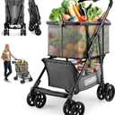 Folding Shopping Cart, 80lbs Collapsible Grocery cart with Removable Basket and 360 Swivel Wheels, Single-hand Fold, Portable Personal Stroller Shopping Cart for Groceries