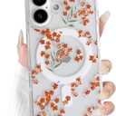 NITITOP Compatible with iPhone 16 Plus Case Clear Magnetic Compatible with MagSafe Cute Flowers Floral Leaves for Women Girls Hard PC Back Shockproof Protective Phone Cover - Orange