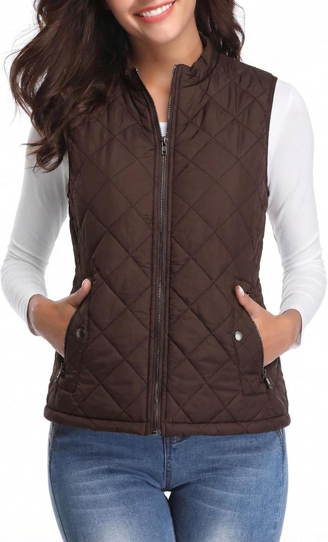 Fuinloth Women's Lightweight Warm Puffer Quilted Vest - 4-Pockets Stand Collar Zip Gilet, Fall Winter Outerwear (Brown, S)