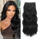 Clip in Hair Extensions for Women, 6PCS Long Wavy Curly Clip on Hair Extensions 20 Inch Natural Black Synthetic Hairpieces