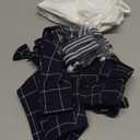 IDOPIP Toddler Kids Baby Boys Formal Suit Gentleman White Shirt with Bowtie + Suspender Shorts Pants Overalls Clothes 6M-5T (12-18 Months, Navy Blue Plaid - Pants)