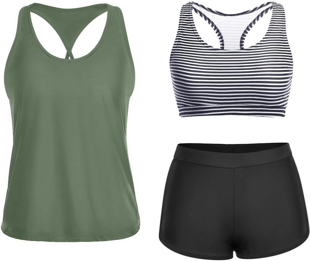 Yonique 3 Piece Athletic Tankini Swimsuits for Women with Shorts Swim Tank Tops with Sports Bra and Boyshorts Bathing Suits (X-Large, Green and Stripe)