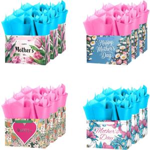 ysmile 12 Pack Mothers Day Gift Bag with Tissue Paper in Bulk Flower Design for Mom Grandmother Party Favor Treat 9"
