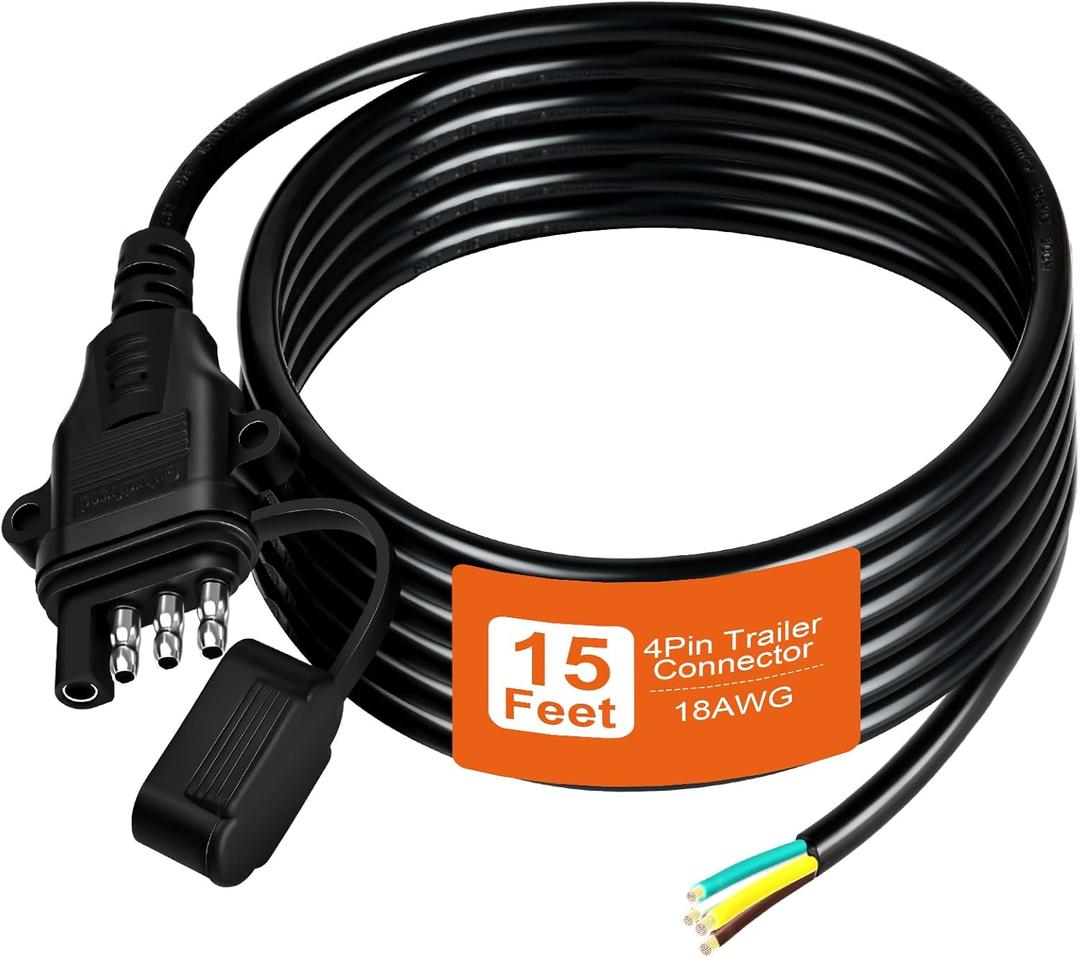 18AWG 15FT 4 Pin Trailer Connector Pure Copper 4 Pin Trailer Wiring Harness Jacketed Cable Heavy Duty Male Extension Wiring Harness 4 Wire 4-Flat Connector 4 Way Flat Plug with Dust Cover