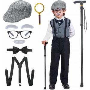 TaikaoQi Old Man Costume for Kids 100 Day of School Costume for Boys Grandpa Cosplay Accessories with Hat, Glasses, Cane, Bow Tie, Suspenders, Magnifying Glass, Eyebrows & Mustache