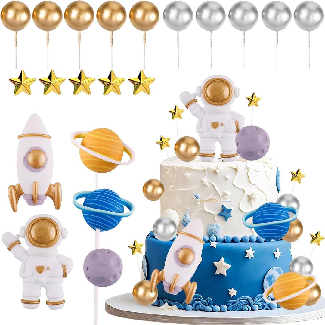 Space Theme Cake Topper 20Pcs Outer Space Cake Decoration Astronaut Figurine Rocket Balls and Stars Spaceman Figures for Two The Moon First Trip Around the Sun Birthday Baby Shower