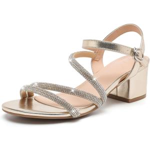 DADAWEN Women's Strappy Open Toe Rhinestone Low Block Chunky Heels Sandals Ankle Buckle Heeled Sandals Wedding Party Dress Pumps Shoes Size 41 (Gold)