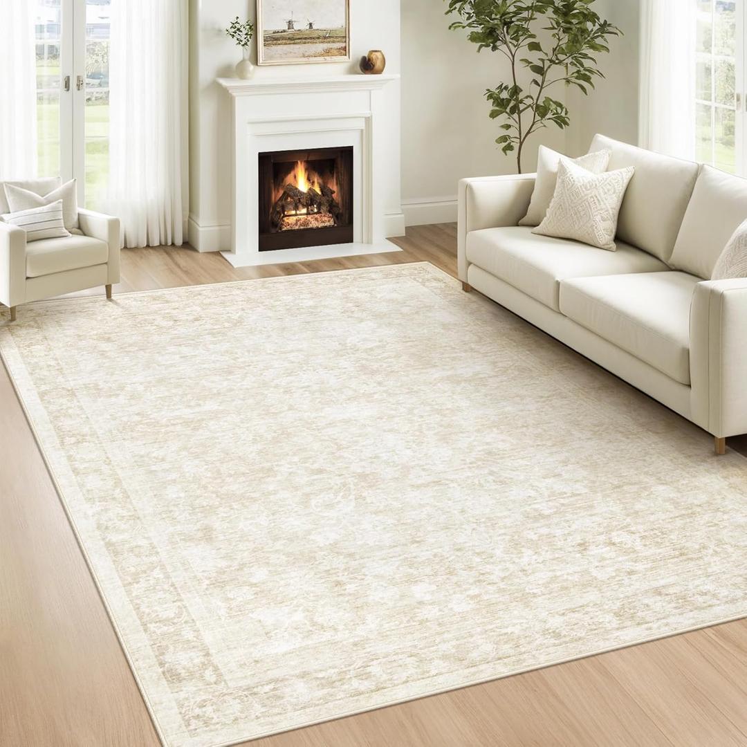 6x9 Area Rugs for Living Room: Washable Vintage Floral Rug Low Pile NonSlip Boho Carpet for Bedroom Nursery Dining Room (Floral Beige, 6'x9')