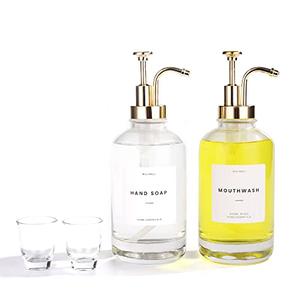 Molimoli Hand Bathroom Soap Dispenser Set, Glass Mouthwash Dispenser for Bathroom, Dish Soap Dispenser for Kitchen Sink, Soap Dispenser Pump, 600 ml/16.9 Oz, Set of 2, Gold