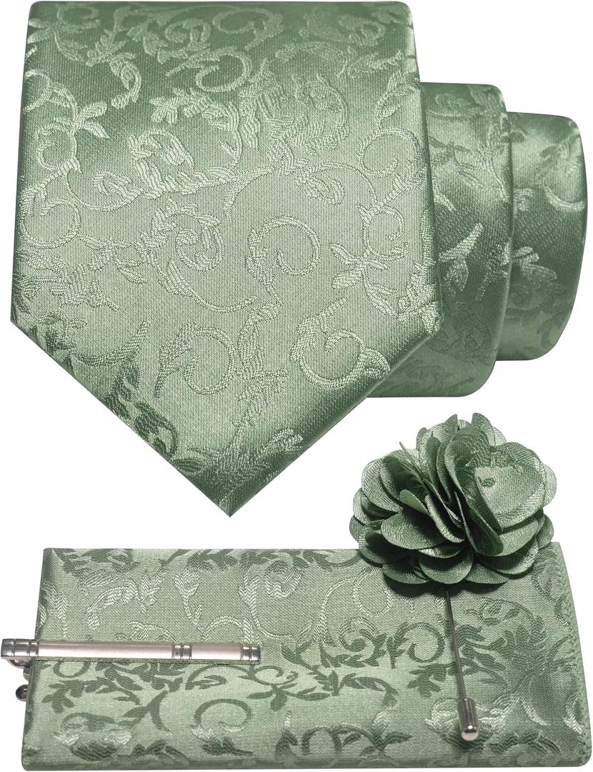 JEMYGINS Mens Floral Tie and Lapel Pin Necktie Pocket Square and Tie Clip with Sets for Business Casual 4PCS (Green)
