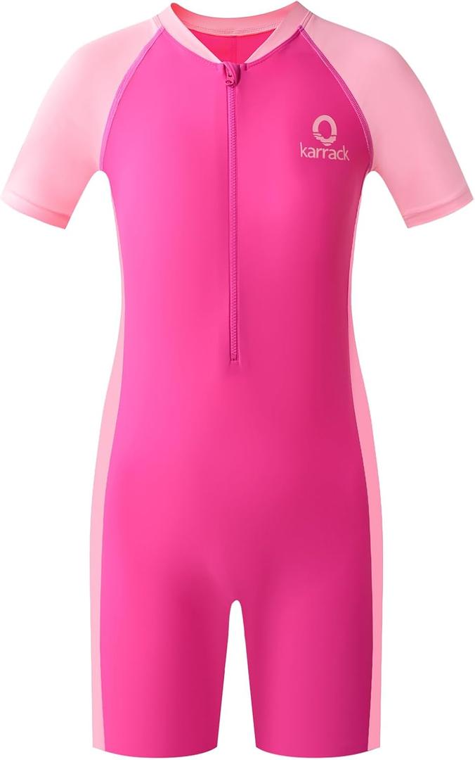 Karrack Girls and Boys One Piece Rash Guard Swimsuit Kid Water Sport Short Swimsuit UPF 50+ Sun Protection Bathing Suits (13-15 Years, Pink)