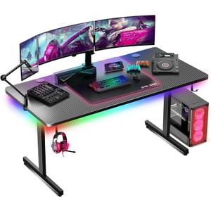 GTRACING Gaming Desk 55 Inch with LED Lights, Large Computer Desk with Mouse Pad for Home Office, T-Shaped Carbon Fibre Surface PC Game Workstations with Headphone Hook, Black
