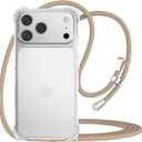 for iPhone 17 Pro Strap Case Adjustable Shoulder Neck Lanyard Crossbody Cover Women Girls Clear Soft Slim Transparent Protective Phone Mobile Case for iPhone 17 Pro - Beige