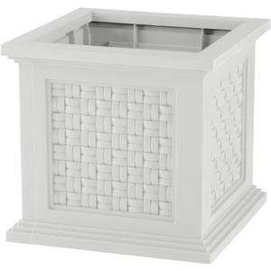 Rattan Style Outdoor Planter Box - 14.65-Inch-Square Decorative Flower or Plant Pot - Garden, Patio and Front Porch Decor by Pure Garden (White)
