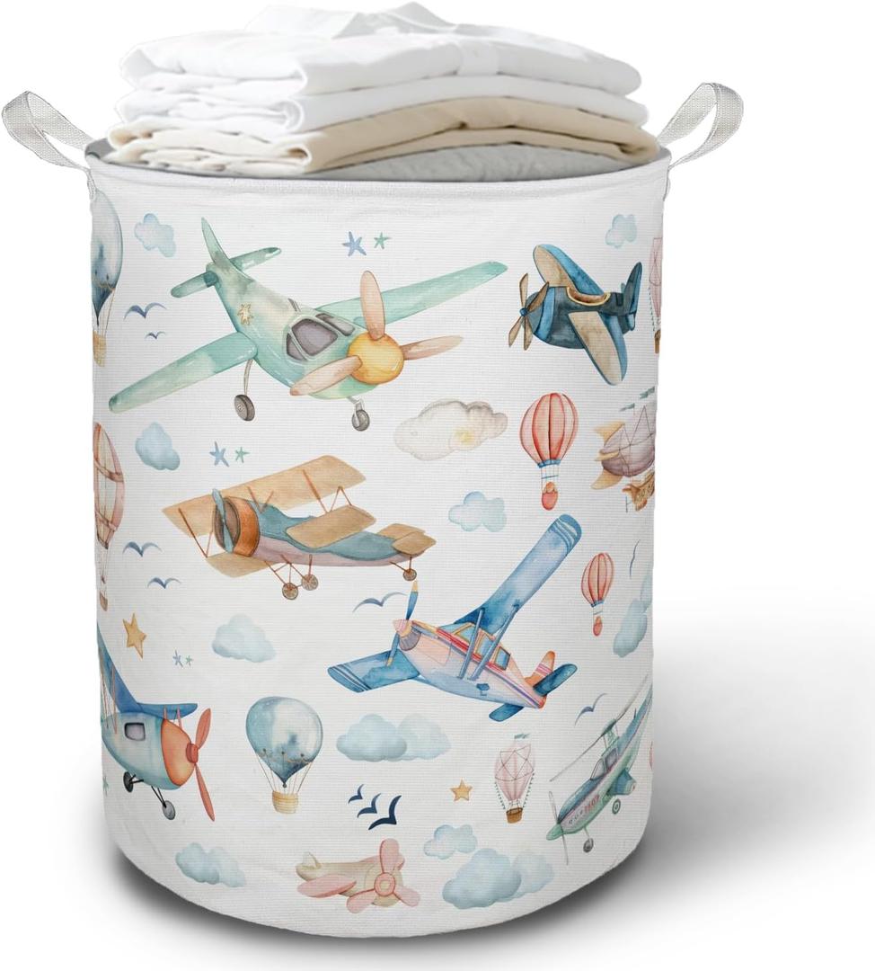 Baby Airplanes Laundry Basket Hamper, Space Kids Nursery Decor, Hot Air Balloon Foldable Clothes Toys Books Storage Box Bins Baskets Organizer for Kids Boys Bedroom Playroom Bathroom
