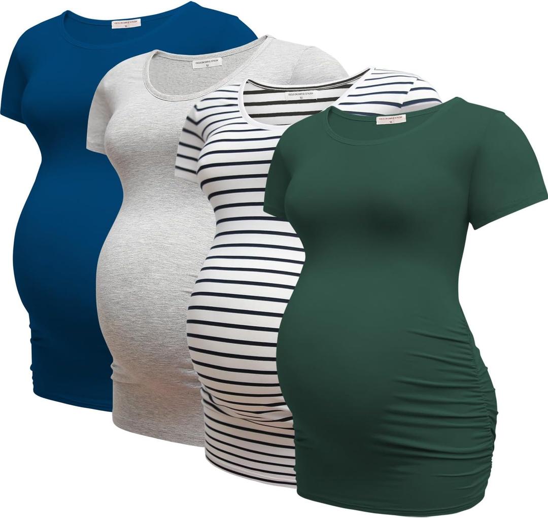Bearsland 4 Pack Women's Maternity Shirts Crew Neck Maternity Top Short Sleeve Side Ruched Pregnancy Clothes (L)