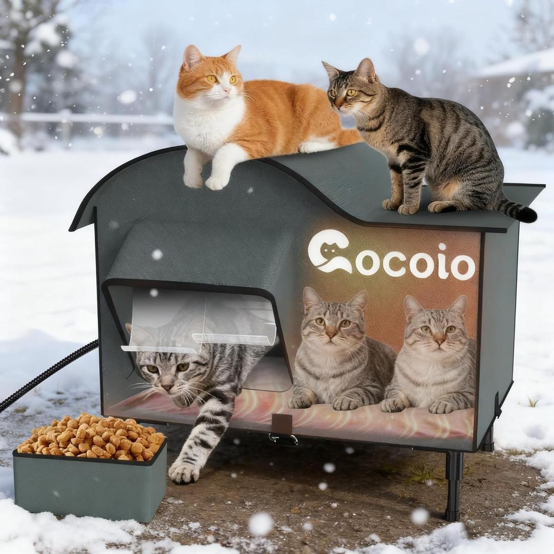 Heated Outdoor Cat House Weatherproof,Extra Large Insulated Heated Cat House for Multiple Cats Outside,Upgraded Feral Elevated Warm Cat Shelters for Winter with Heat Pad,Eaves&Escape Door Collaspable