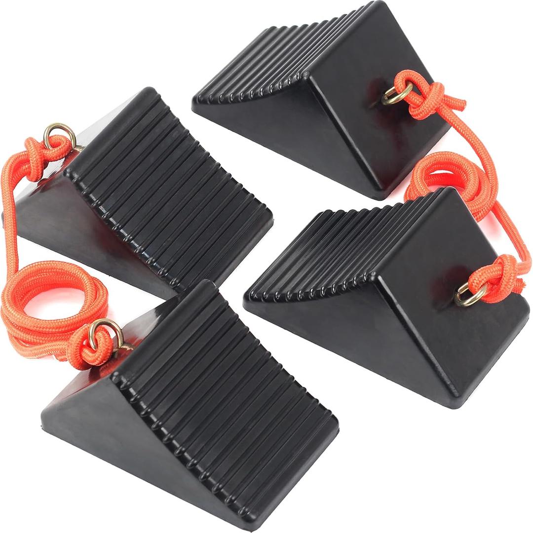OULEME Heavy Duty Rubber Wheel Chocks with Eyebolt, Solid Wheel Stoppers for Camper, Travel Trailer, RVs, Truck, and ATV, Anti-Slip and Anti-Oil Design, 8"x5"x4"(4-Pack)