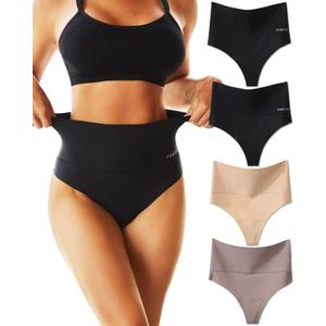 FINETOO High Waisted Thongs for Women Tummy Control Underwear Soft Nylon Stretchy No Show High Rise Thong Panties 4 Pack (Large)