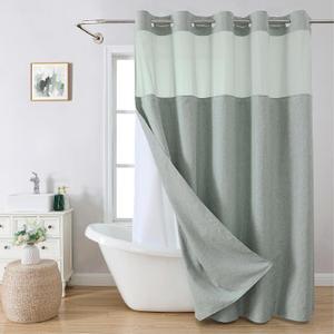 eachope Long No Hooks Needed Linen Textured Shower Curtain with Snap-in Fabric Liner Set,Sage Green Hotel Luxury Decor Shower Curtains for Bathroom,Waterproof & Washable, 71Wx80H
