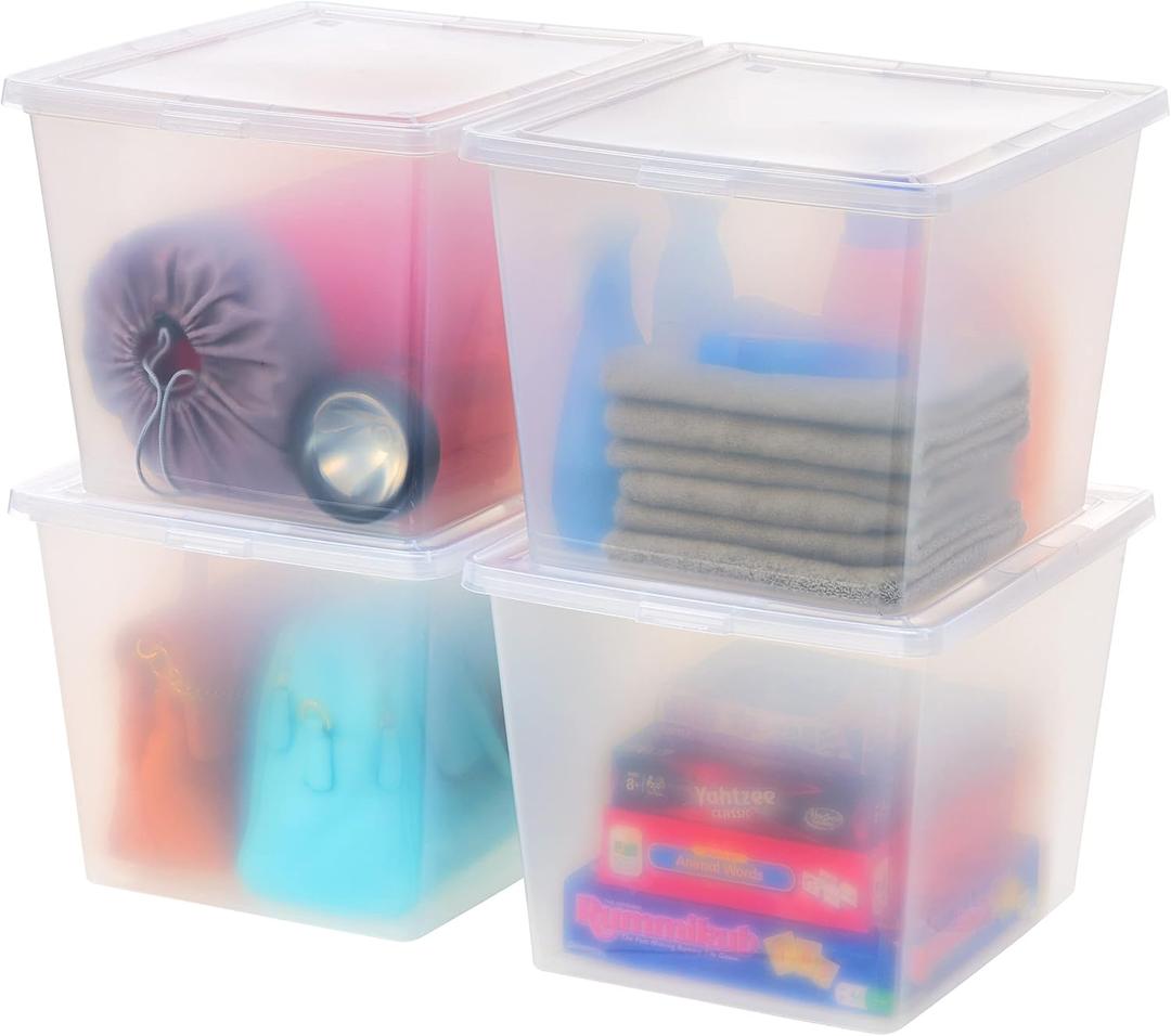 IRIS USA 4-Pack Storage Bins with Lids, 36 Quart, Clear Stackable Containers Box Organize Shoes Closet Shelves Clothes Blankets Towels - BPA-Free Plastic