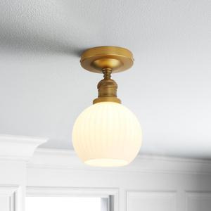 Industrial Globe Semi Flush Mount Pendant Ceiling Light with White Glass Lampshade, Vintage Close to Ceiling Light Fixture for Porch, Hallway, Entryway, Kitchen, Bedroom, Hotel (Brass)