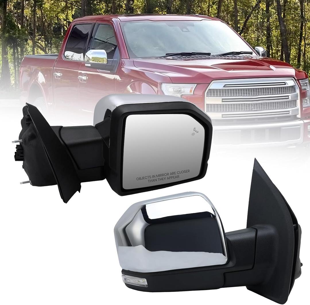 Right Passenger Side Mirror Fits 2015-2018 Ford F150 Mirrors with Power,Heated,Puddle Lights,Blind Spot Detection,Turn Signal,Memory,Power Folding,Without Camera,FO132052816 Pins) Chrome