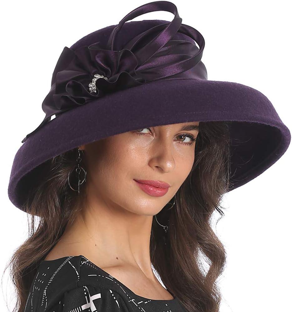 Women Wool Felt Dress Party Hats for Fall, Winter Church Hats 1920s 1950s 60s (Down Brim-Purple)