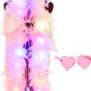 Colorful Feather Boas, 6.6ft Boa with 20 Color Lights for Women for Dancing Party Halloween,with Heart Sunglasses (Pink)