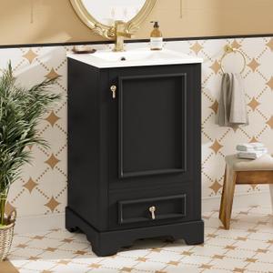 Merax 20 inch Bathroom Vanity with Ceramic Sink, Modern Bathroom Sink Storage Cabinet with Soft Close Door, Adjustable U-Shaped Shelf and Drawer, Small Single Sink Bathroom Vanities, Black