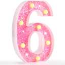 Pooqla Marquee Number Lights, Pink Light Up Numbers for Girls 6th Birthday, Battery Powered Glitter Number Night Light Gift for Christmas Bedroom Dorm Party Decoration, Pink Number 6 (Warm White)