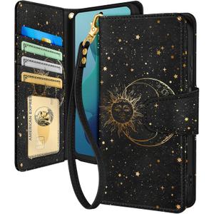 Toycamp for Moto G 5G 2024 Wallet Case with Wrist Strap - Leather Flip Folio Phone Case with RFID Blocking 4 Card Holder for Motorola G 5G 2024 Funda Cute Aesthetic for Women Ladies, Black Sun Moon