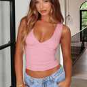 YFANG Women's Summer Deep V-Neck Ruched Crop Tank Top Sexy Sleeveless Double Lined Crop Top Pink Large