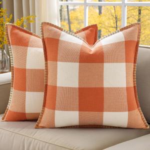 decorUhome Spring Buffalo Plaid Check Throw Pillow Covers 18x18 Set of 2 Outdoor Linen Decorative Farmhouse Gingham Pillow Covers with Stitched Edge for Bed Couch Sofa, Orange and White