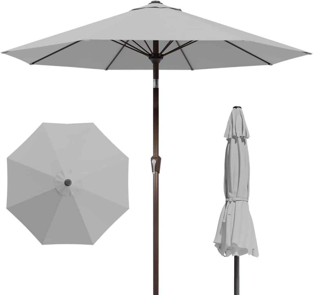 9FT Patio Umbrella Outdoor Table Umbrella w/Push Button Tilt and Crank, 8 Sturdy Ribs, UV Resistant Waterproof Market Umbrella for Pool, Deck, Backyard, Garden, Light Gray