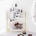 FSyueyun 2-Tier Corner Bathroom Counter Organizer, Tool-Less Installation Vanity Shelf Small Plastics Countertop Makeup Tray Skincare Perfume Organizers (Gold)