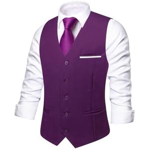 Hi-Tie Men's Formal Suit Vest Solid Fit Vest for Men 3 Pockets V Neck Waistcoat Business Wedding Casual L