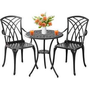 Outdoor 3 Piece Bistro Set Cast Aluminum Bistro Table and Chairs Set of 2, All Weather Bistro Patio Set, Patio Furniture for Garden Black (Woven Armchair)