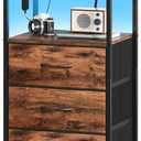 Somdot Tall Nightstand with Charging Station and LED Light for Bedroom, 3 Drawers Dresser with Fabric Bins for Bedside Kids Dorm Room Closet Laundry Entryway, Wood Grain Print (11.8"D x 15.7"W x 28.3"H (3 Drawers))