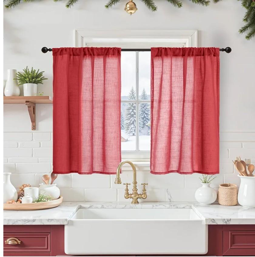 BGment Red Linen Kitchen Curtains Window Over Sink, Short Semi Sheer Drapes with Rod Pocket Lightweight for Cafe Bathroom Windows, 2 Panels Set, Each 30 Inch Wide