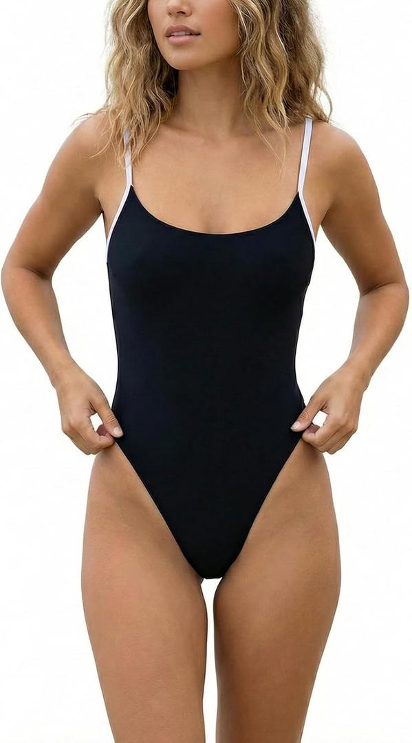 Women's Sexy One Piece Bathing Suit Swimsuit High Cut Leg Cheeky Coverage, Adjustable Thin Strap (Black, S)