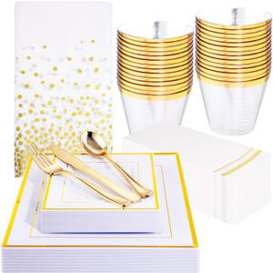 Festiva 176Pcs Gold Plates Disposable - Square Party Plates Dinnerware Sets - include Cups,Plastic Cutlery,Hand NapkinsTablecloth for 25 Guests Party&Wedding&Christmas&Thanksgiving