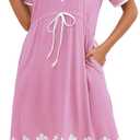 Women's Printed Nightgown, V-Neck Short Sleeve Midi Sleep Dress with Pockets, Loose Fit Comfortable Loungewear XL