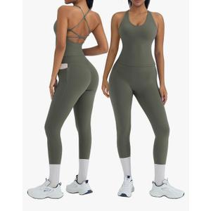 OMKAGI
2 Piece Workout Sets for Women Padded Workout Tops Booty Leggings with Pockets Gym Sets, Small